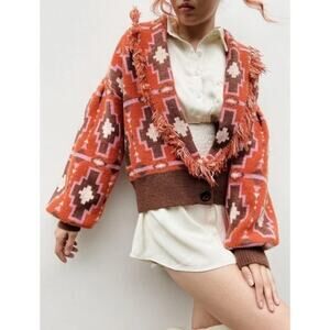 Cider Aztec Fringe Tassel Cardigan Sweater NWT Bohemian Hippie size Small